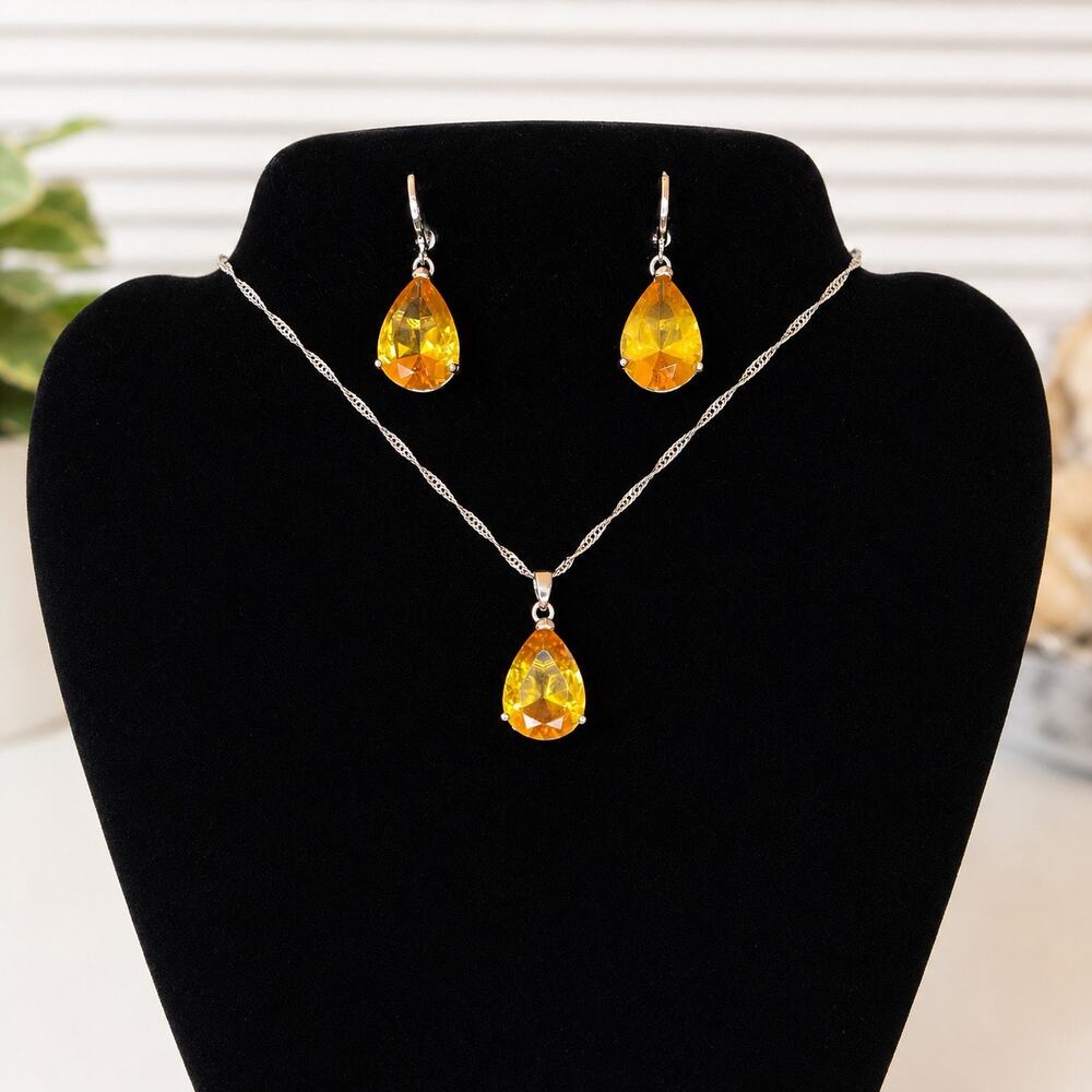 Amber Teardrop Crystal Necklace & Earrings Set Silver Tone Birthstone Jewelry